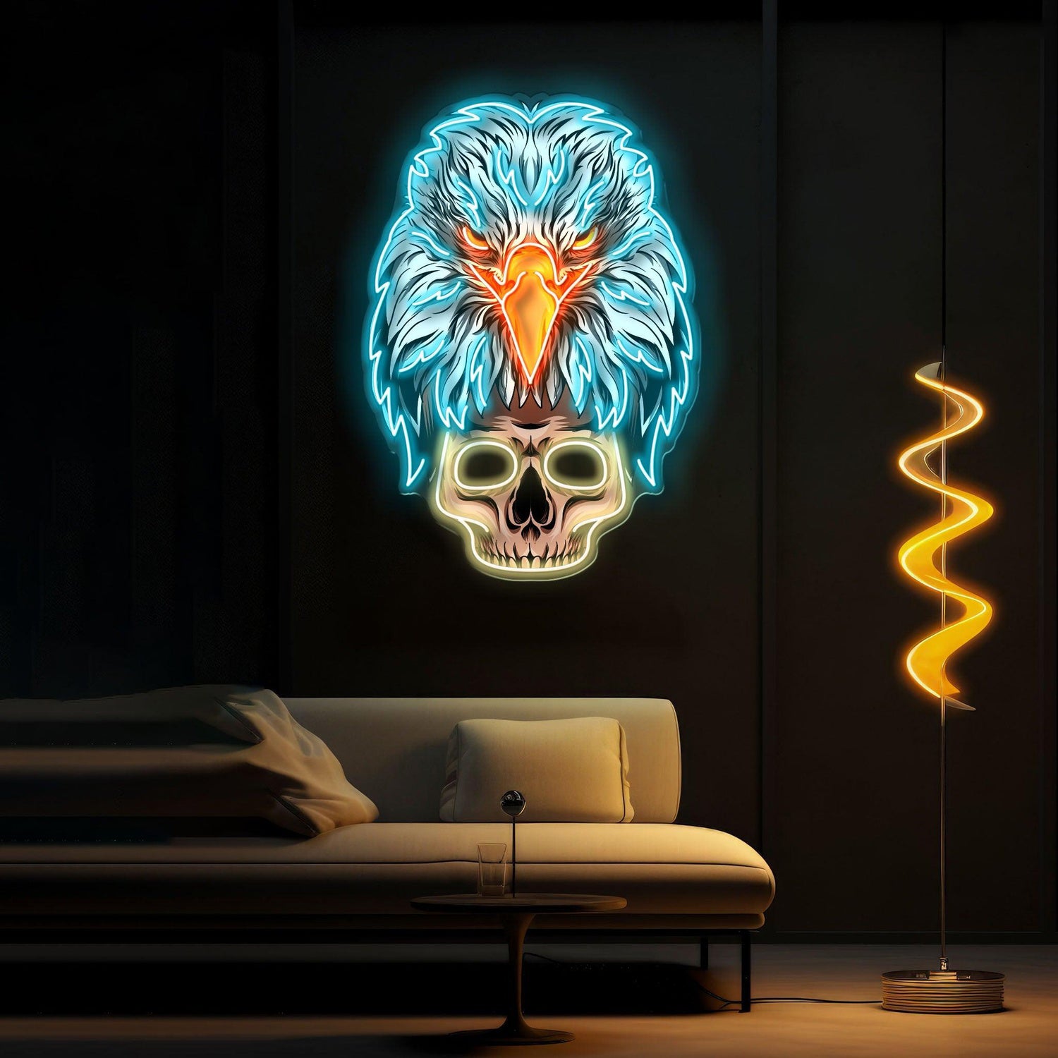 Eagle Skull Blue Orange Uv Printed Led Neon Sign Artwork For Modern Home Bar Decor | Shineneon