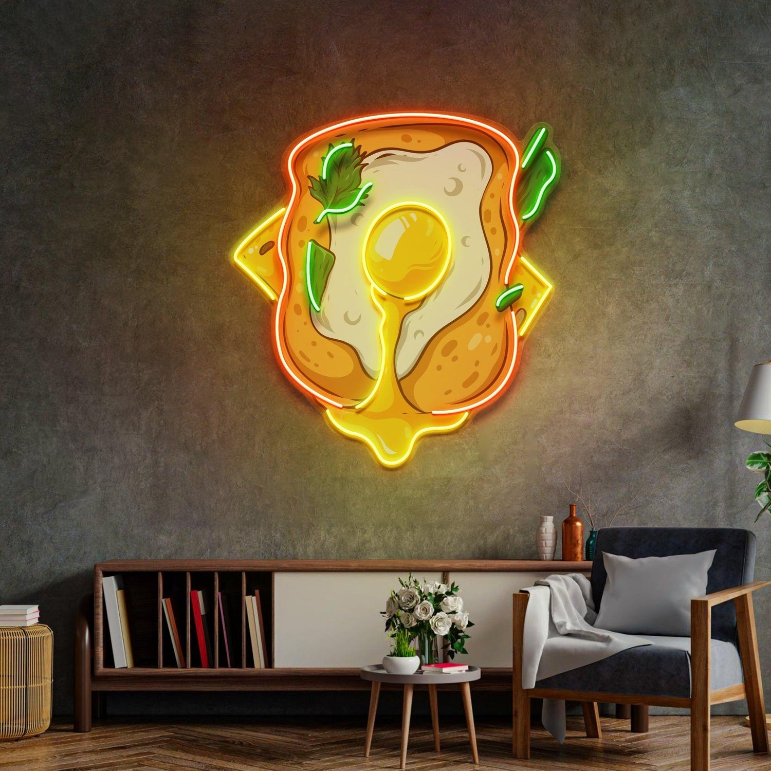 Egg Sandwich Art Orange-Yellow-Green Uv Printed Led Neon Sign For Home Cafe Decor | Shineneon