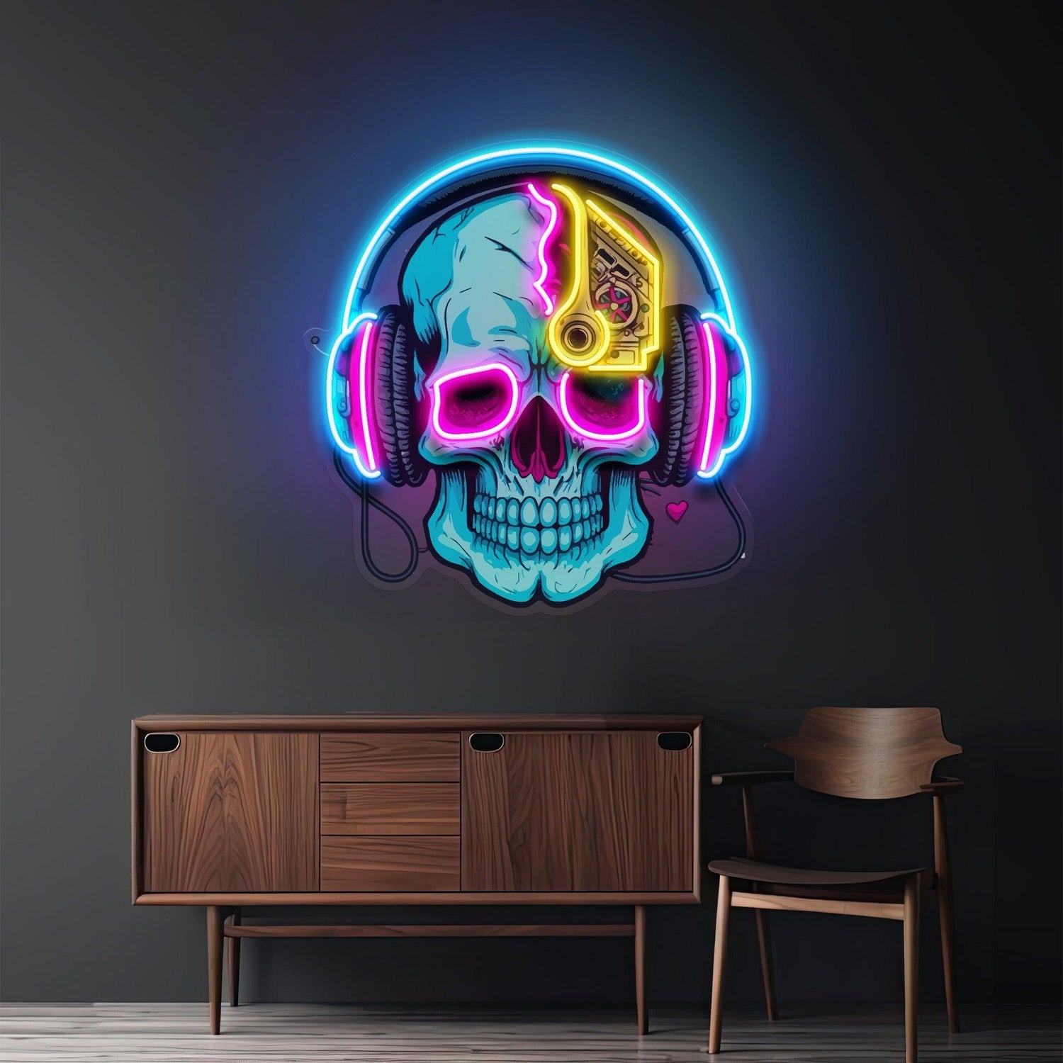 Electric Headphone Skull Uv Printed Led Neon Sign With Blue Pink Yellow | Shineneon