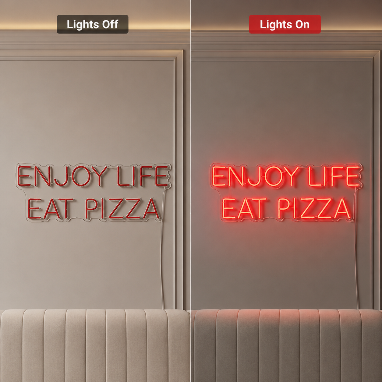 Enjoy Life Eat Pizza LED Neon Sign - 06 Day Night Comparison