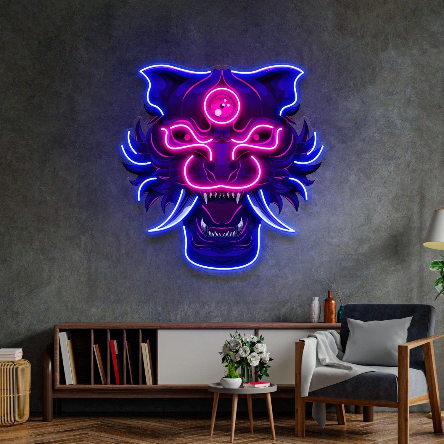 Evil Tiger Demon Blue Pink Mystic Uv Printed Led Neon Sign For Indoor Decor | Shineneon