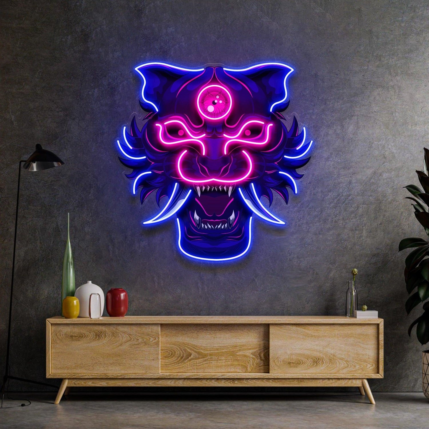 Evil Tiger Demon Blue Pink Mystic Uv Printed Led Neon Sign For Indoor Decor | Shineneon
