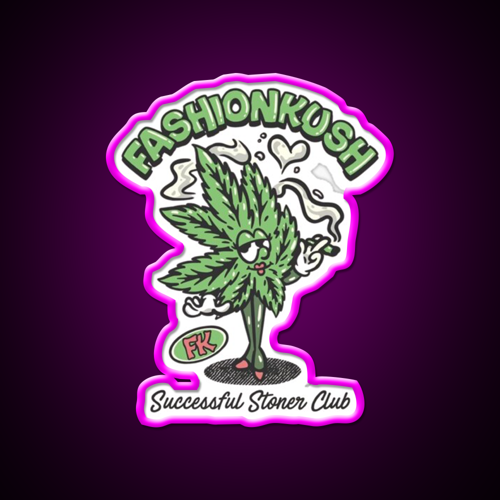 Fashionkush Girl Stoner Retro Character Art Green Leaf Led Neon Sign Rgb Color - Neon sign mounted on wall in room