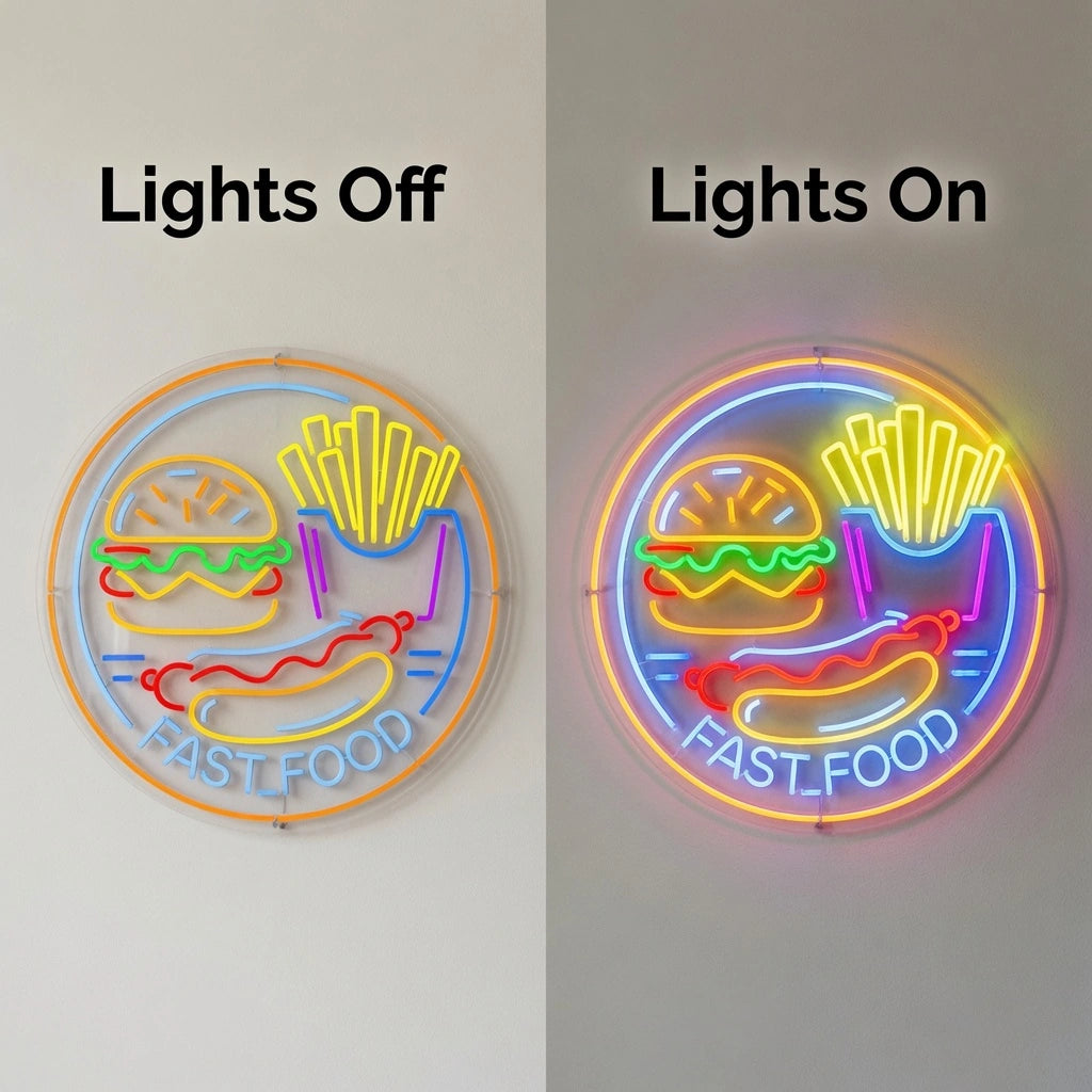 Fast Food Wall Decor LED Neon Sign - 06 Day Night Comparison