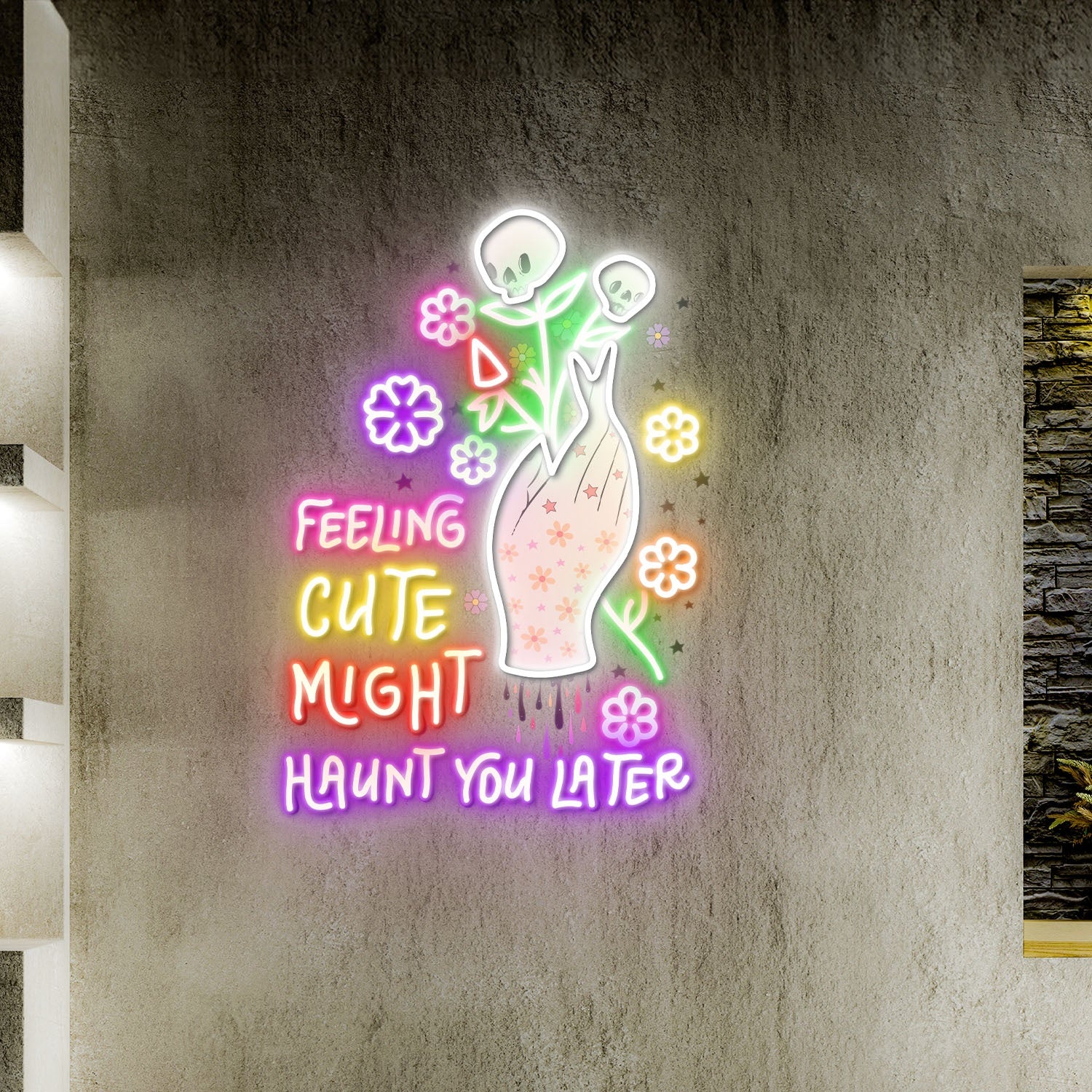 Feeling Cute Might Haunt You Later Skull Flower Halloween Acrylic Led Neon Sign | Shineneon