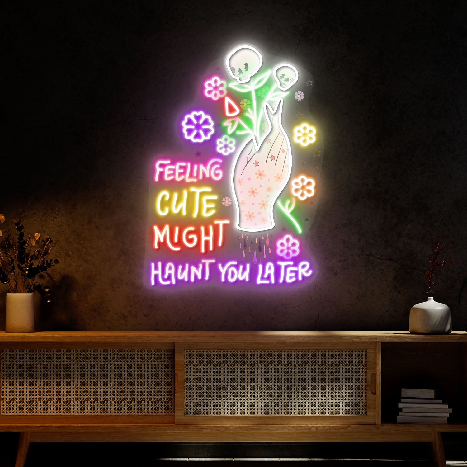 Feeling Cute Might Haunt You Later Skull Flower Halloween Acrylic Led Neon Sign | Shineneon