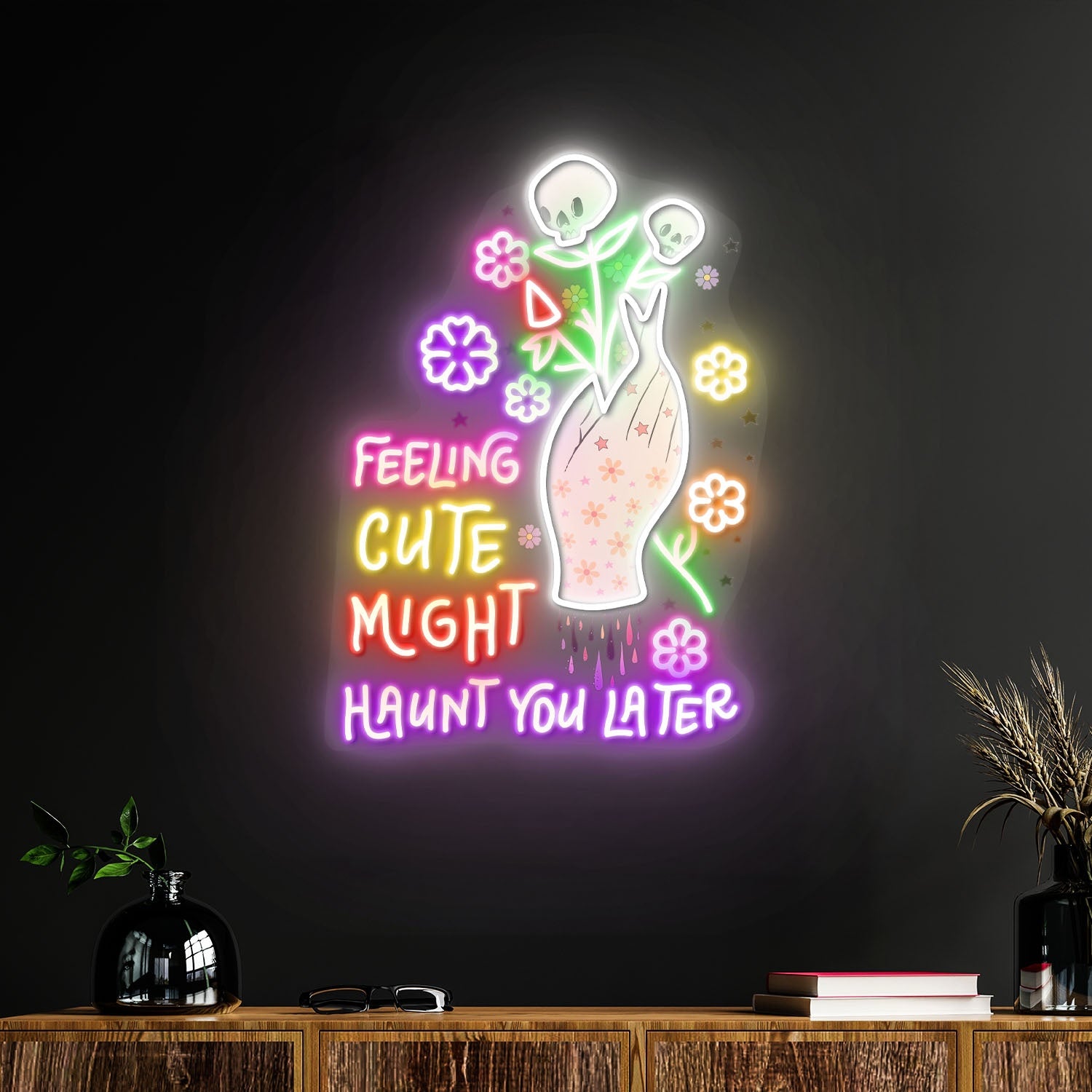 Feeling Cute Might Haunt You Later Skull Flower Halloween Acrylic Led Neon Sign | Shineneon