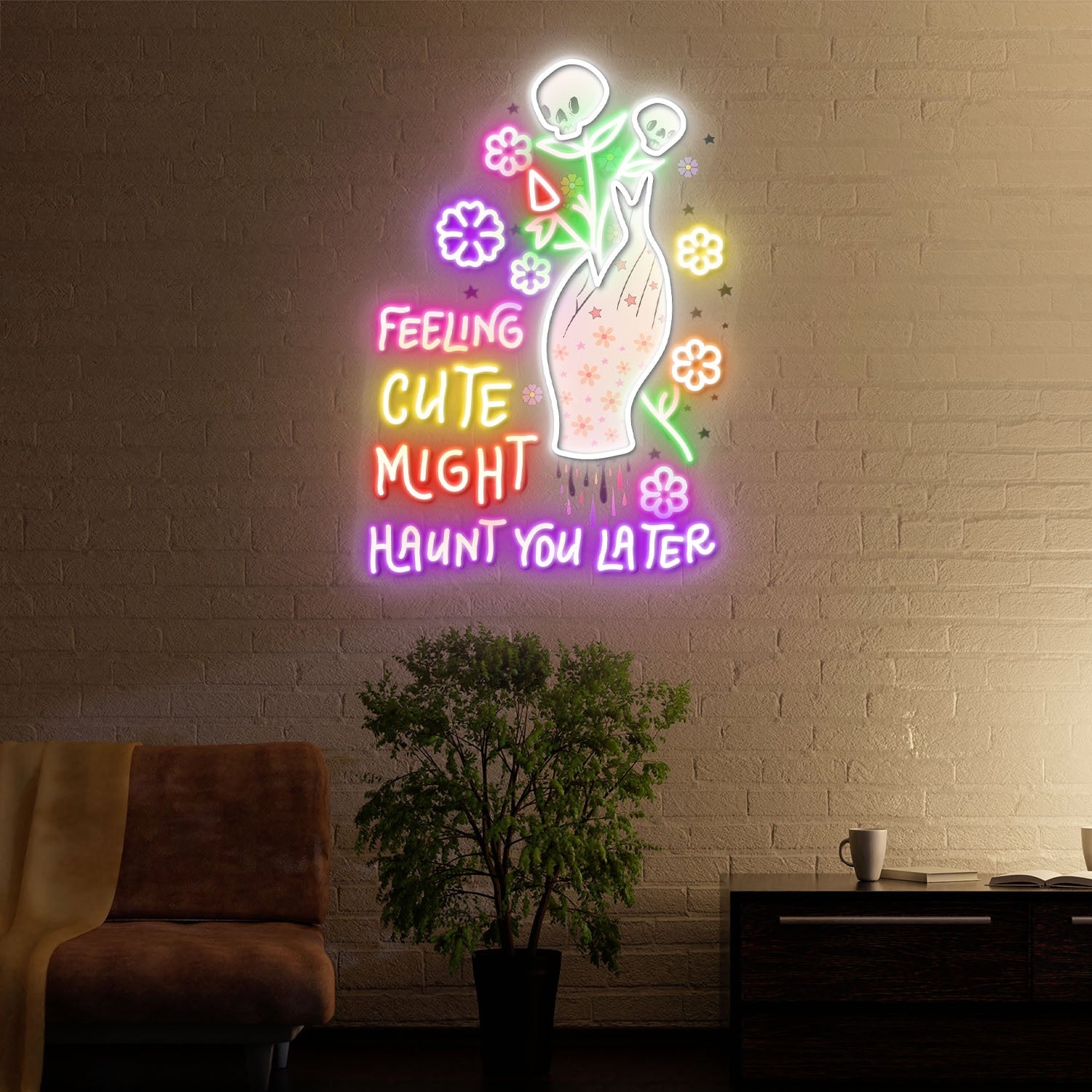 Feeling Cute Might Haunt You Later Skull Flower Halloween Acrylic Led Neon Sign | Shineneon