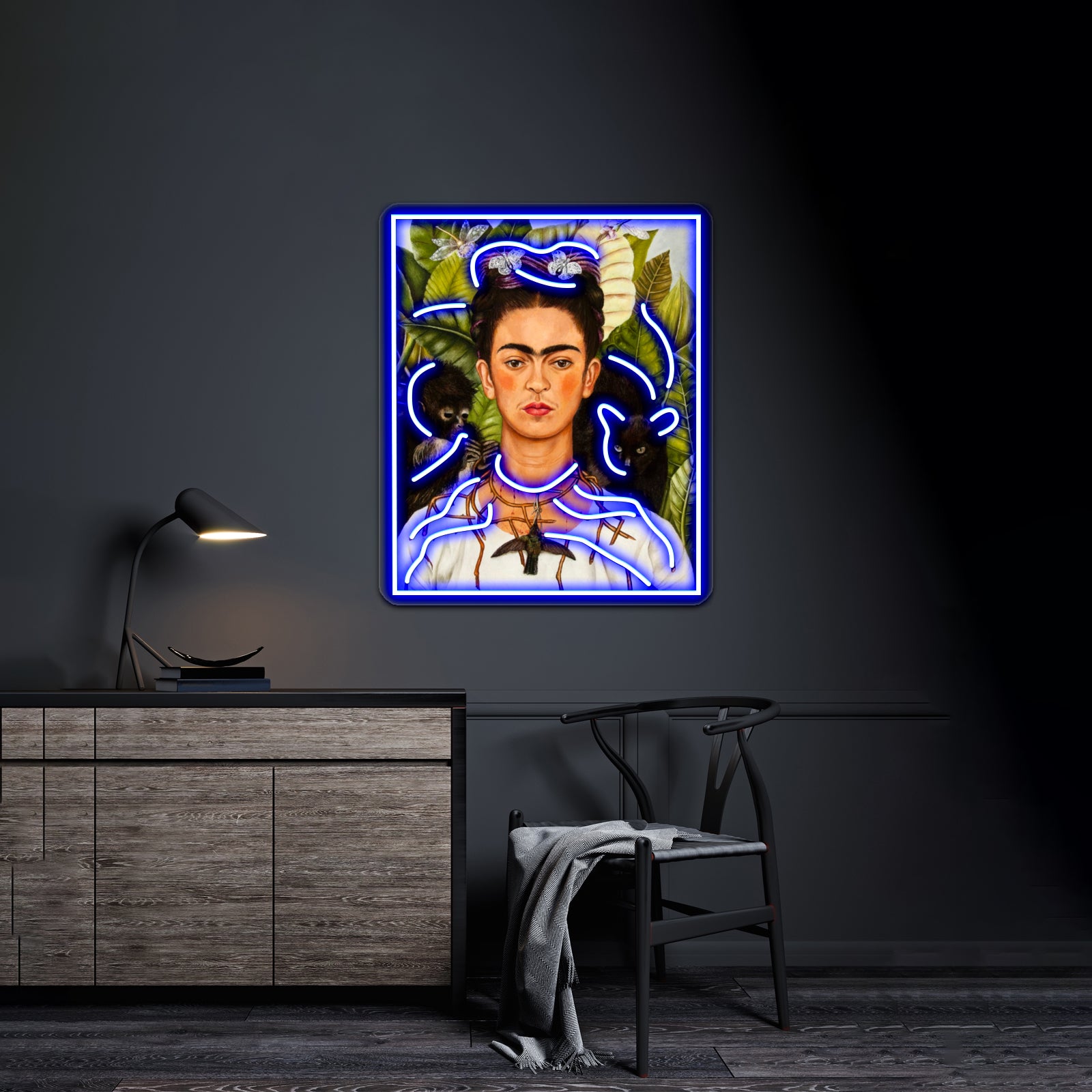 Female Portrait Painting With Leaves And Monkeys Artwork Neon Led Sign | Shineneon