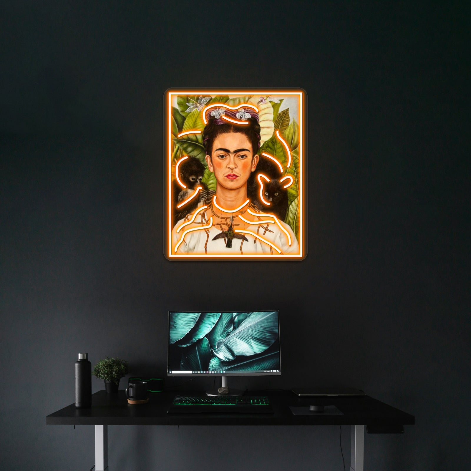 Female Portrait Painting With Leaves And Monkeys Artwork Neon Led Sign | Shineneon