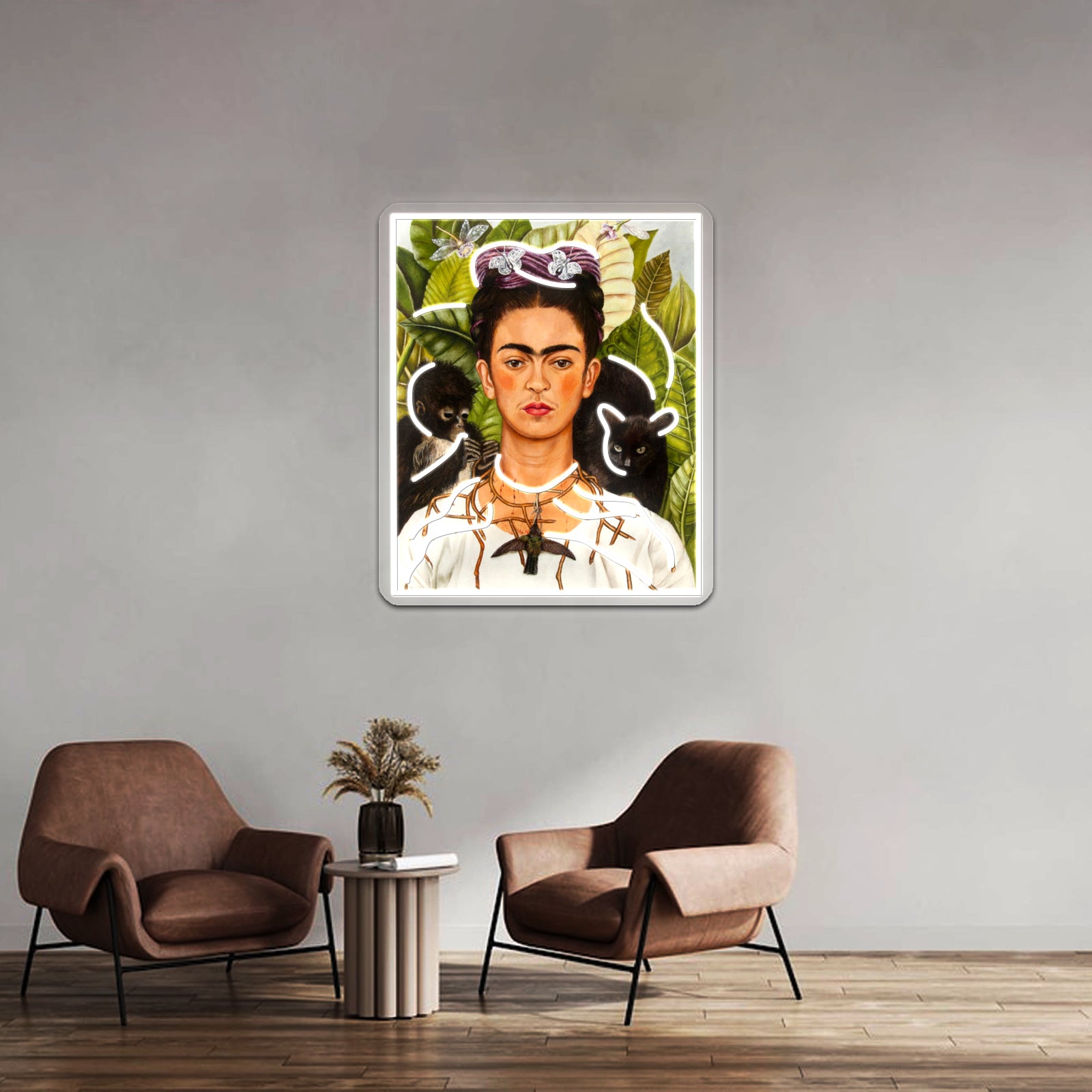 Female Portrait Painting With Leaves And Monkeys Artwork Neon Led Sign | Shineneon
