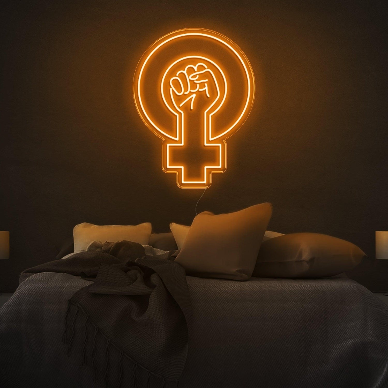 Feminist Yellow Fist And Female Symbol Led Neon Sign For Bedroom Wall | Shineneon
