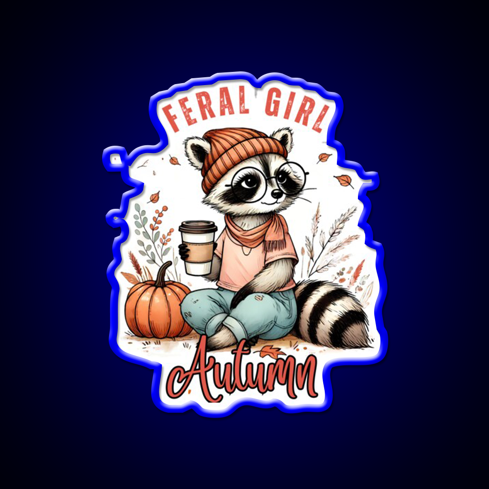Feral Girl Autumn Raccoon Cafe Led Neon Sign Espresso Bar Art Rgb Color