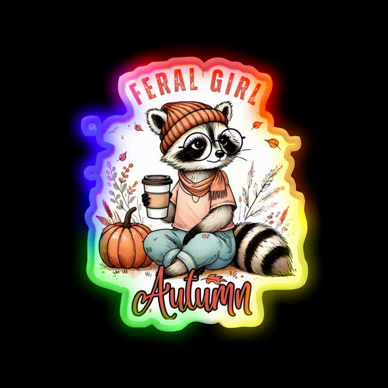 Feral Girl Autumn Raccoon Cafe Led Neon Sign Espresso Bar Art Rgb Color