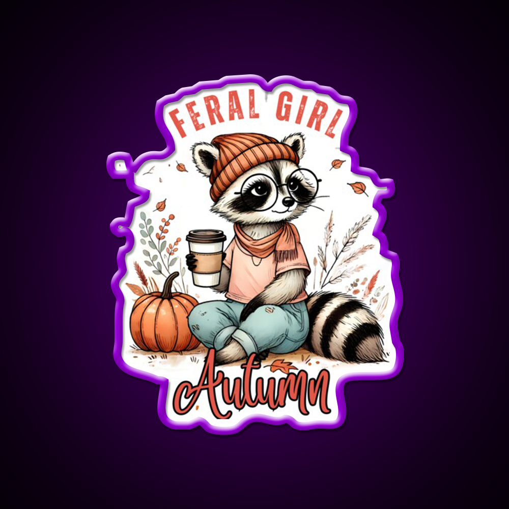 Feral Girl Autumn Raccoon Cafe Led Neon Sign Espresso Bar Art Rgb Color
