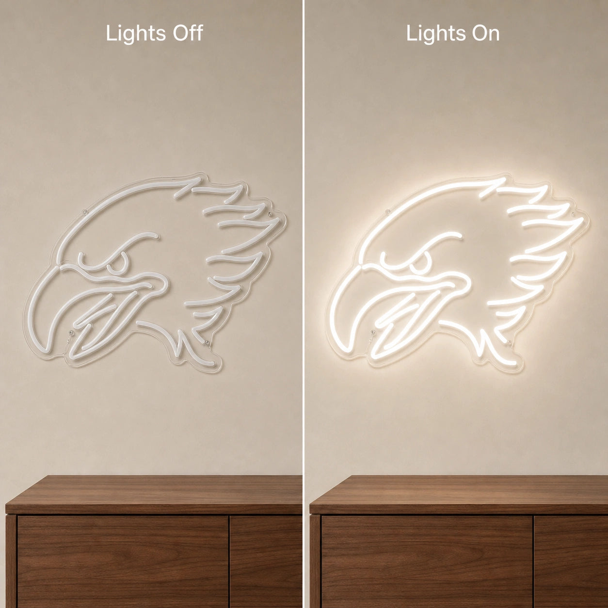 Fierce Eagle LED Neon Sign day and night comparison