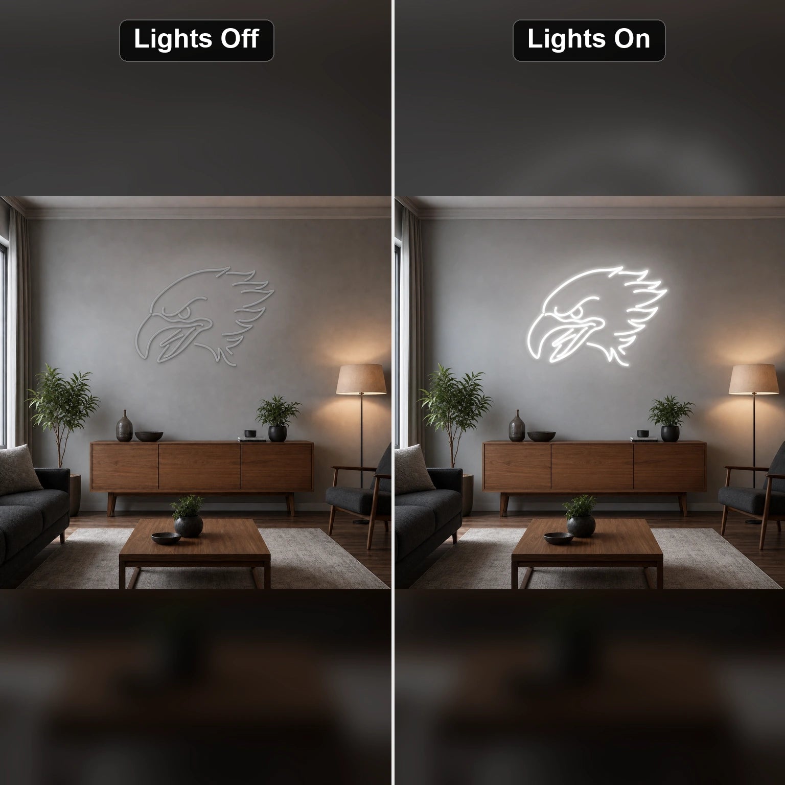 Fierce Eagle LED Neon Sign Home Bar Wall Decoration day and night comparison