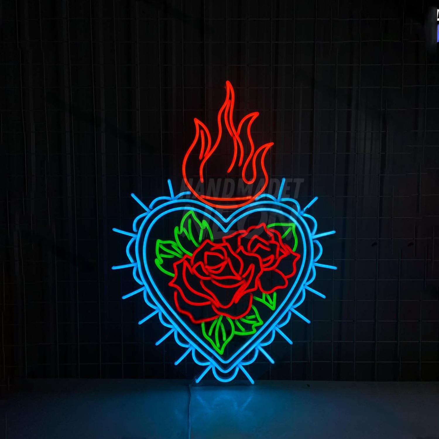 Fire Rose Flower Heart Led Light Burning Floral Heart Decor | Shineneon