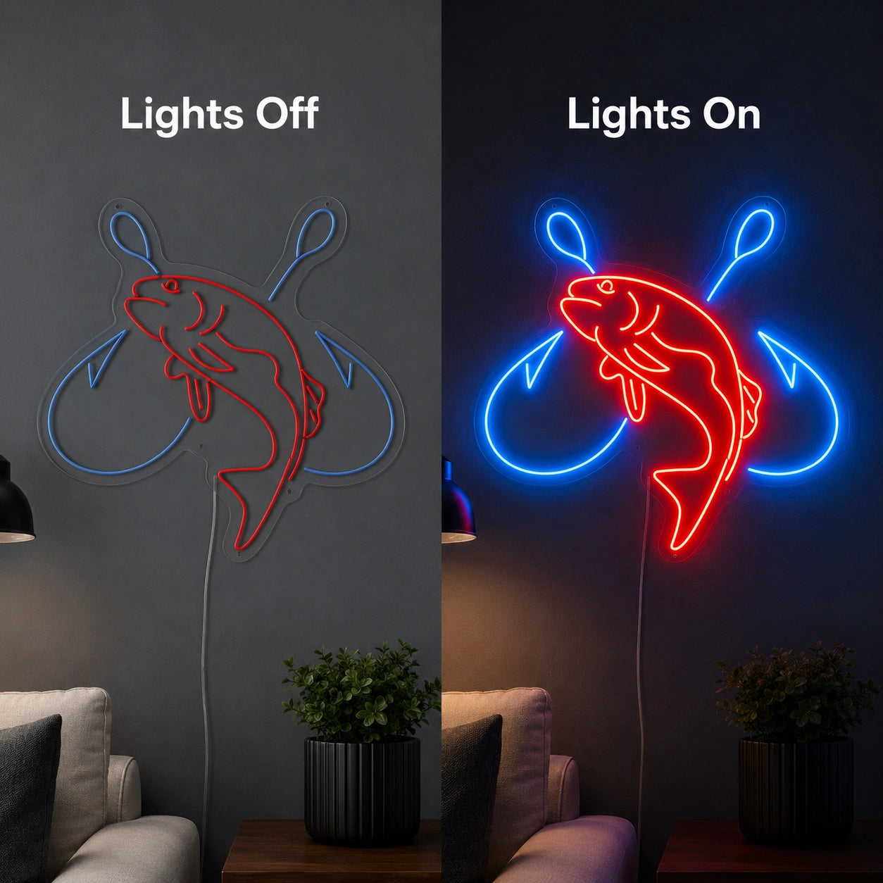 Fish And Hooks Neon Sign LED Neon Sign day and night comparison