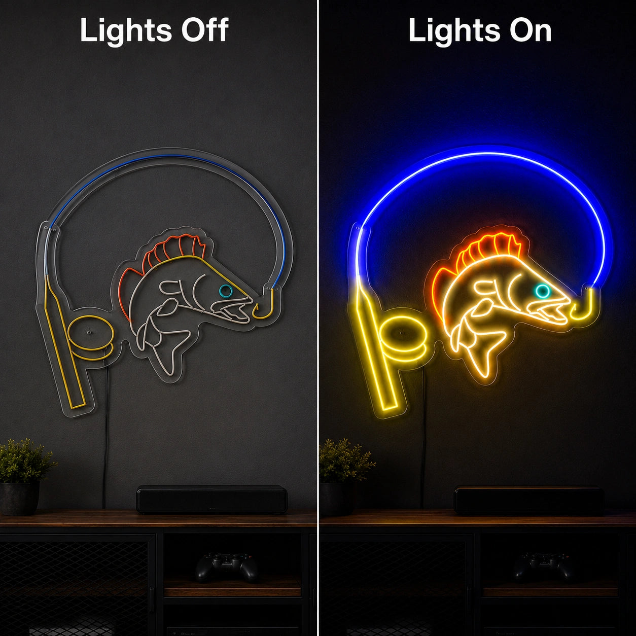 Fish Hook And Rod LED Neon Sign day and night comparison