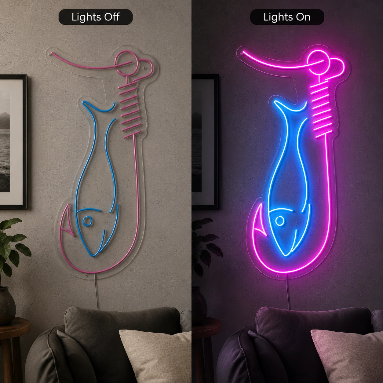 Fish Hook Neon Sign Wall Art LED Neon Sign day and night comparison