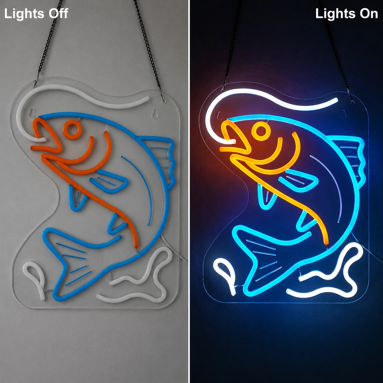 Fish Line Neon Sign LED Neon Sign day and night comparison