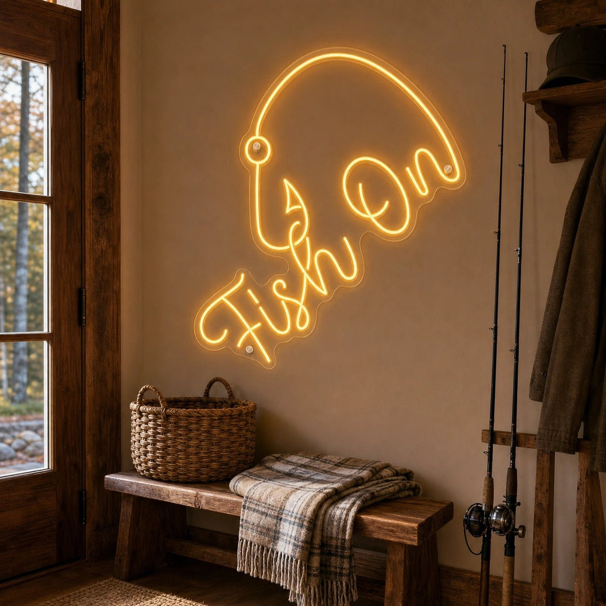 Fish On With Curved Fishing Hook LED Neon Sign - Shineneon