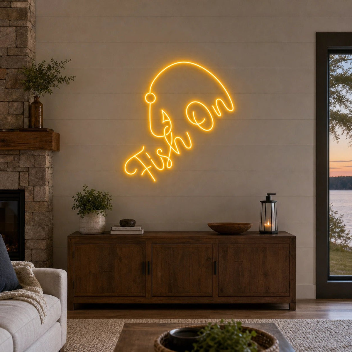 Fish On With Curved Fishing Hook LED Neon Sign Home Bar Wall Decoration - Shineneon