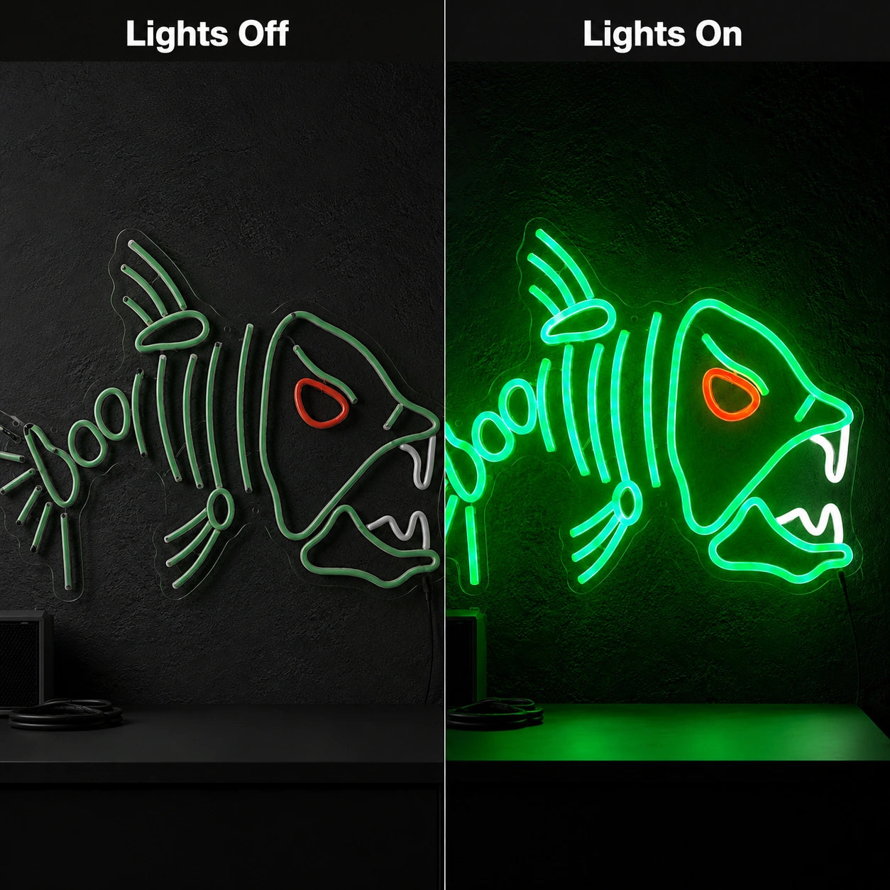 Fish Skeleton Man Cave LED Neon Sign day and night comparison