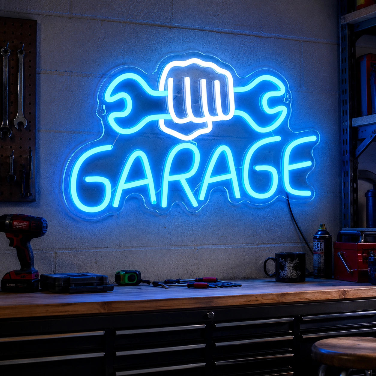 Fist Wrench Garage Neon Sign LED Neon Sign real lifestyle scene
