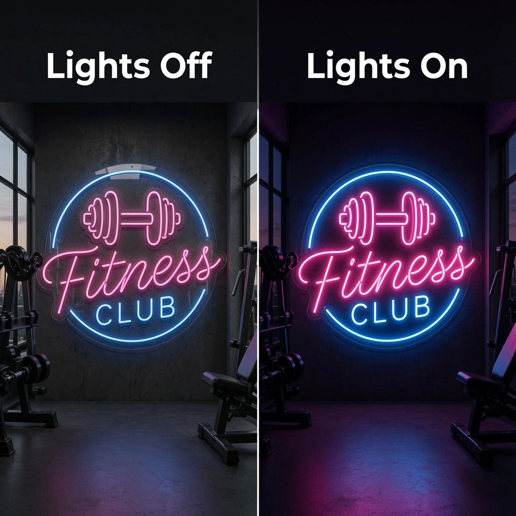 Fitness Club LED Neon Sign - 06 Day Night Comparison