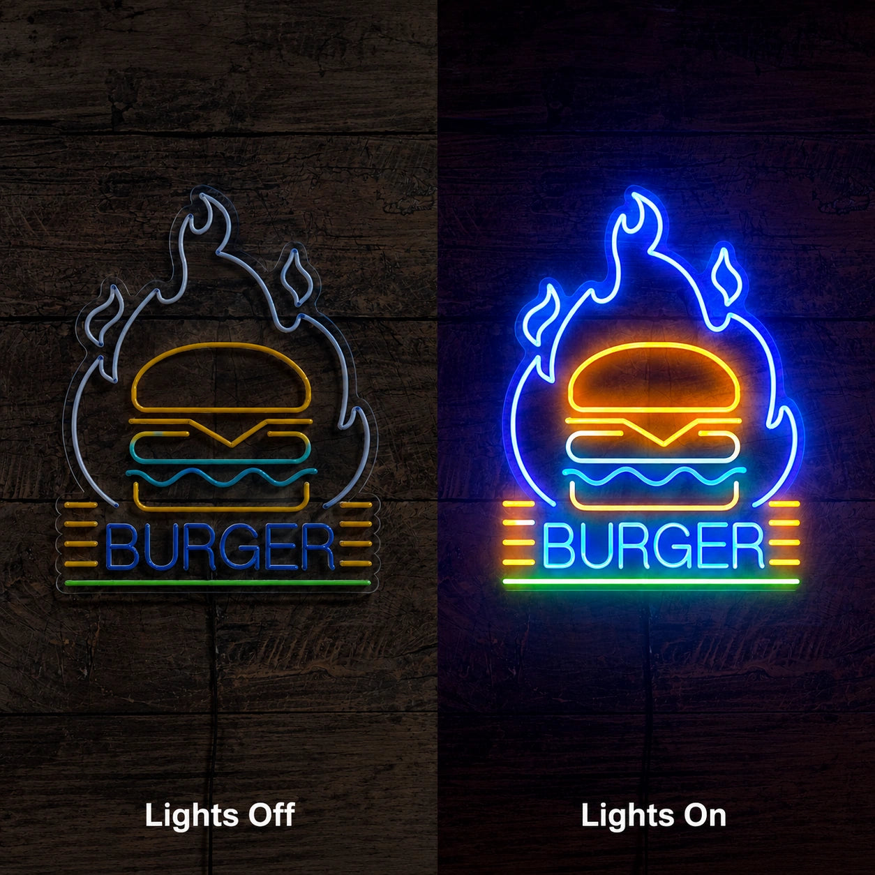 Flame Burger Neon Sign LED Neon Sign day and night comparison