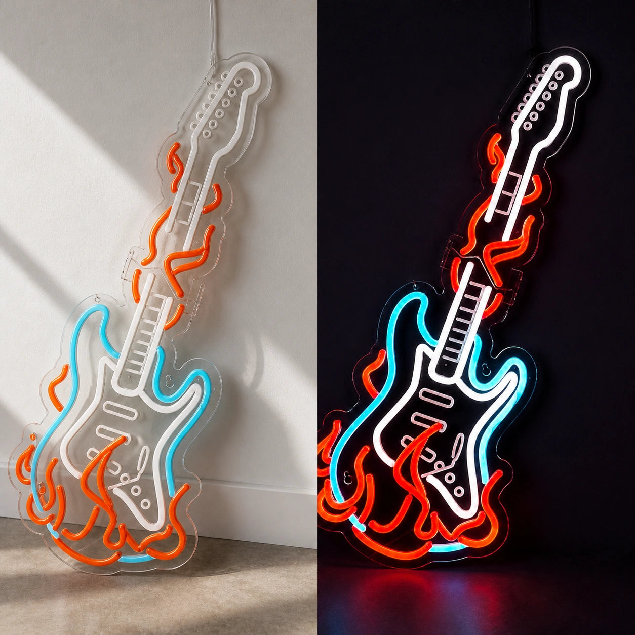 Flaming Electric Guitar Garage Neon Sign Vintage LED Neon Sign day and night comparison