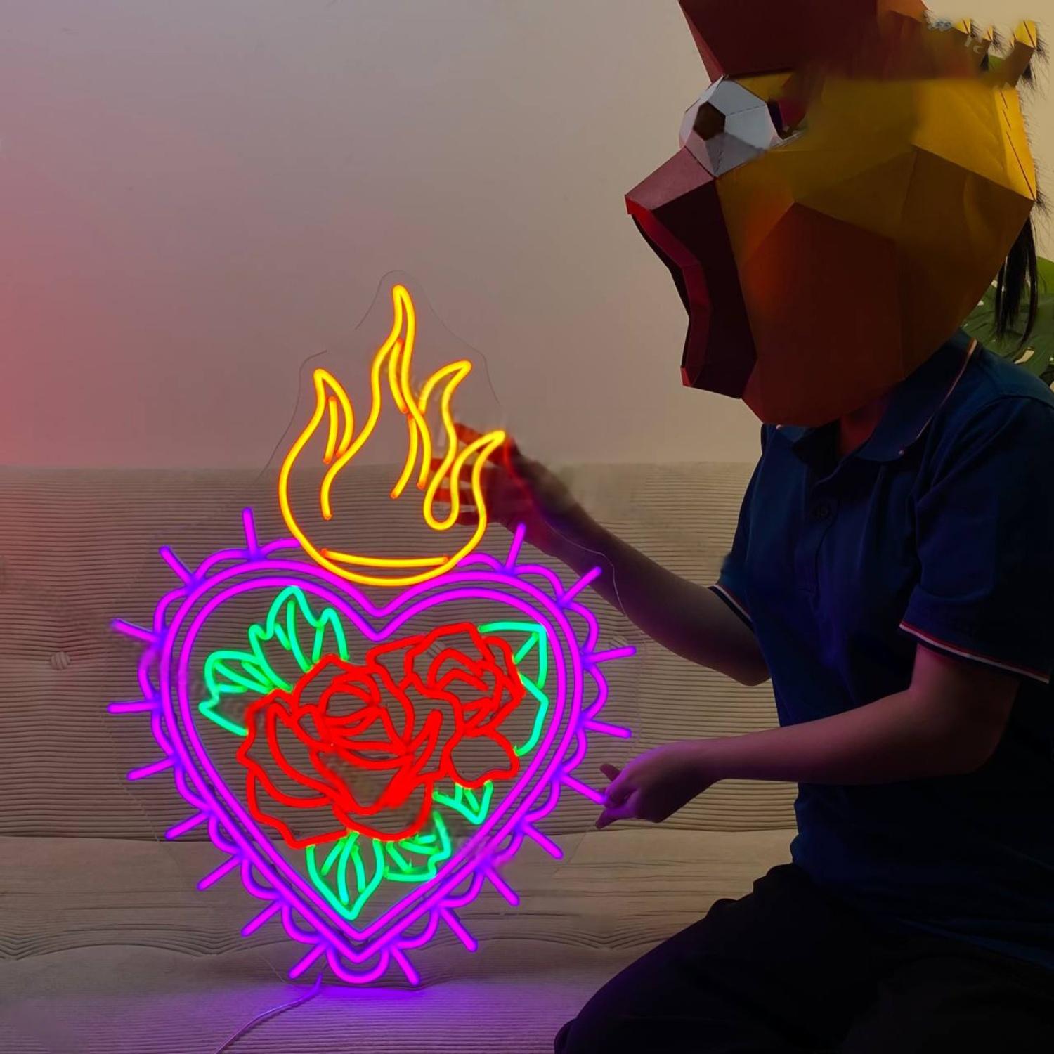 Flaming Heart Rose Flower Led Neon Sign Flower Led Neon Sign | Shineneon