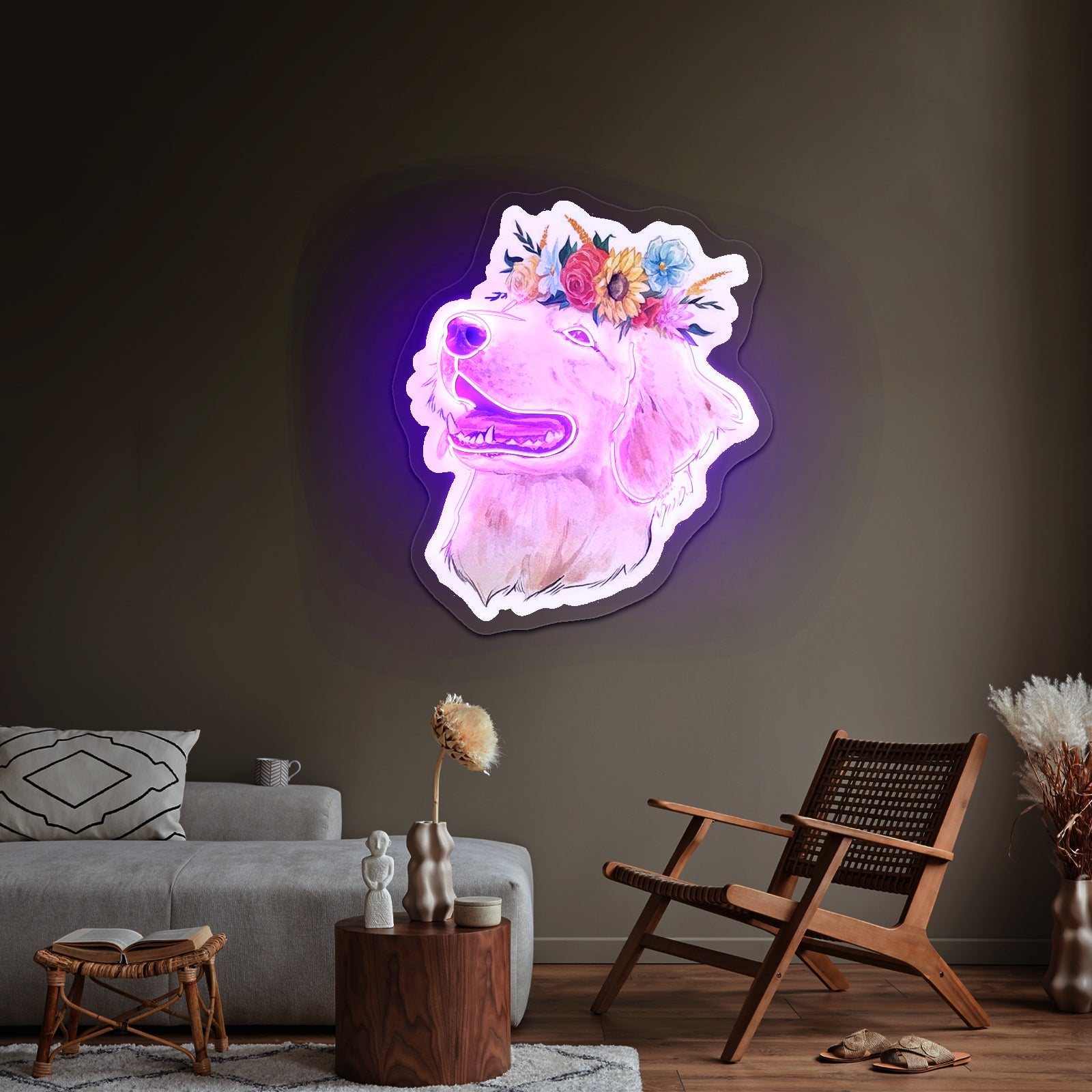 Flower Crown Golden Retriever Smiley Face Neon Sign - Shineneon