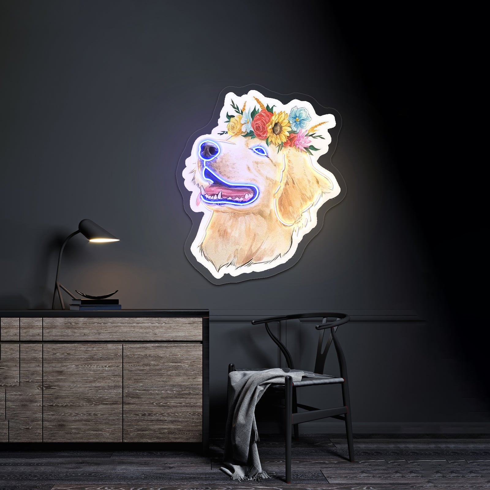 Flower Crown Golden Retriever Smiley Face Neon Sign