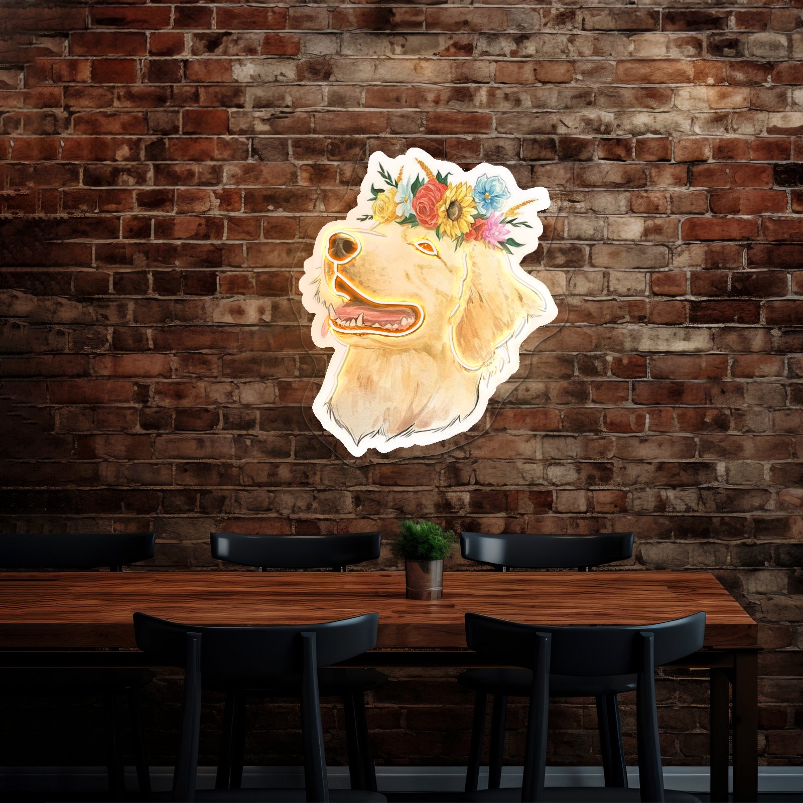 Flower Crown Golden Retriever Smiley Face Neon Sign