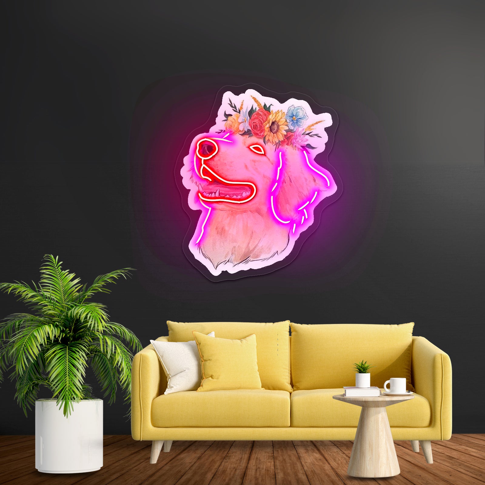 Flower Crown Golden Retriever Smiley Face Neon Sign