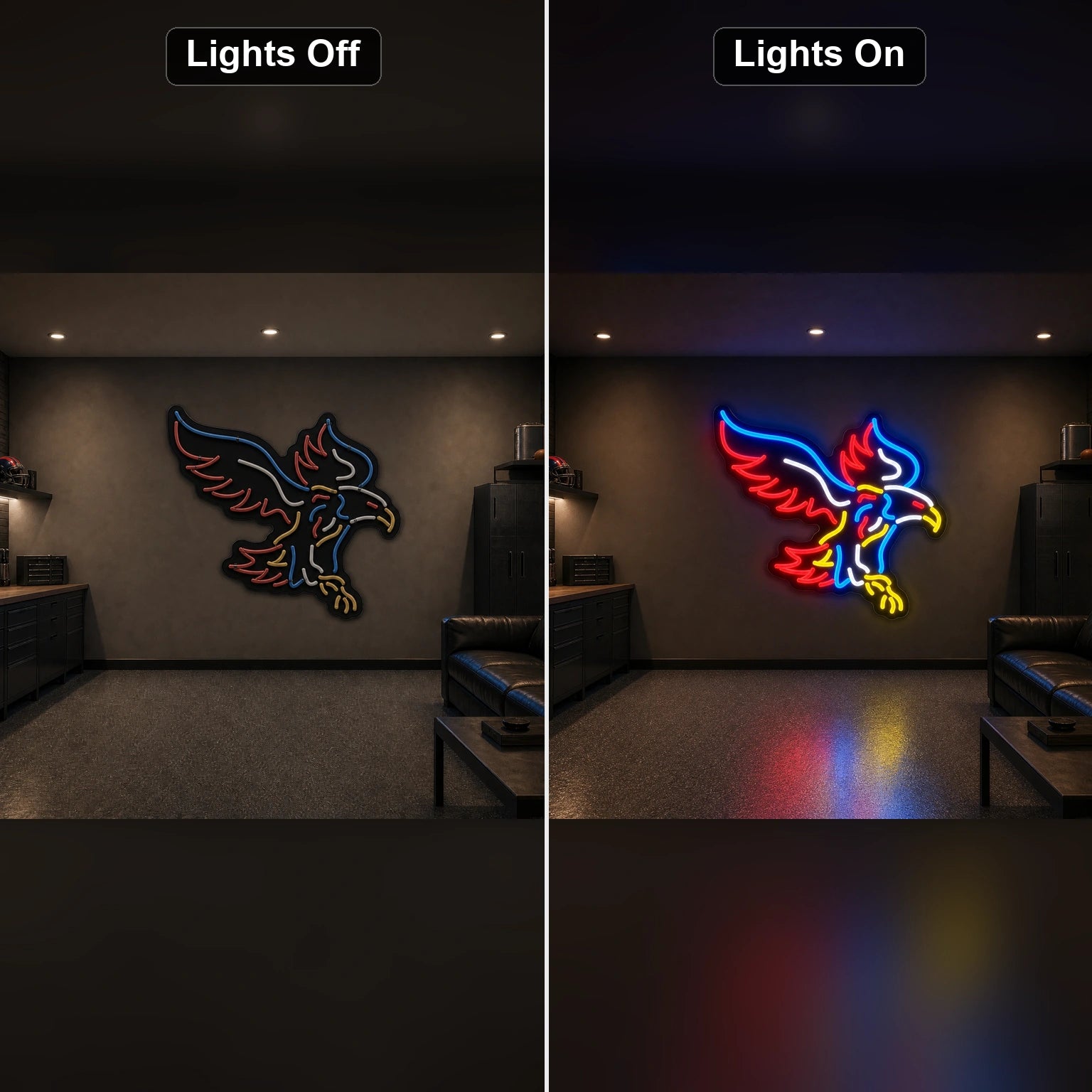 Flying Eagle With Talons LED Neon Sign Home Bar Wall Decoration day and night comparison