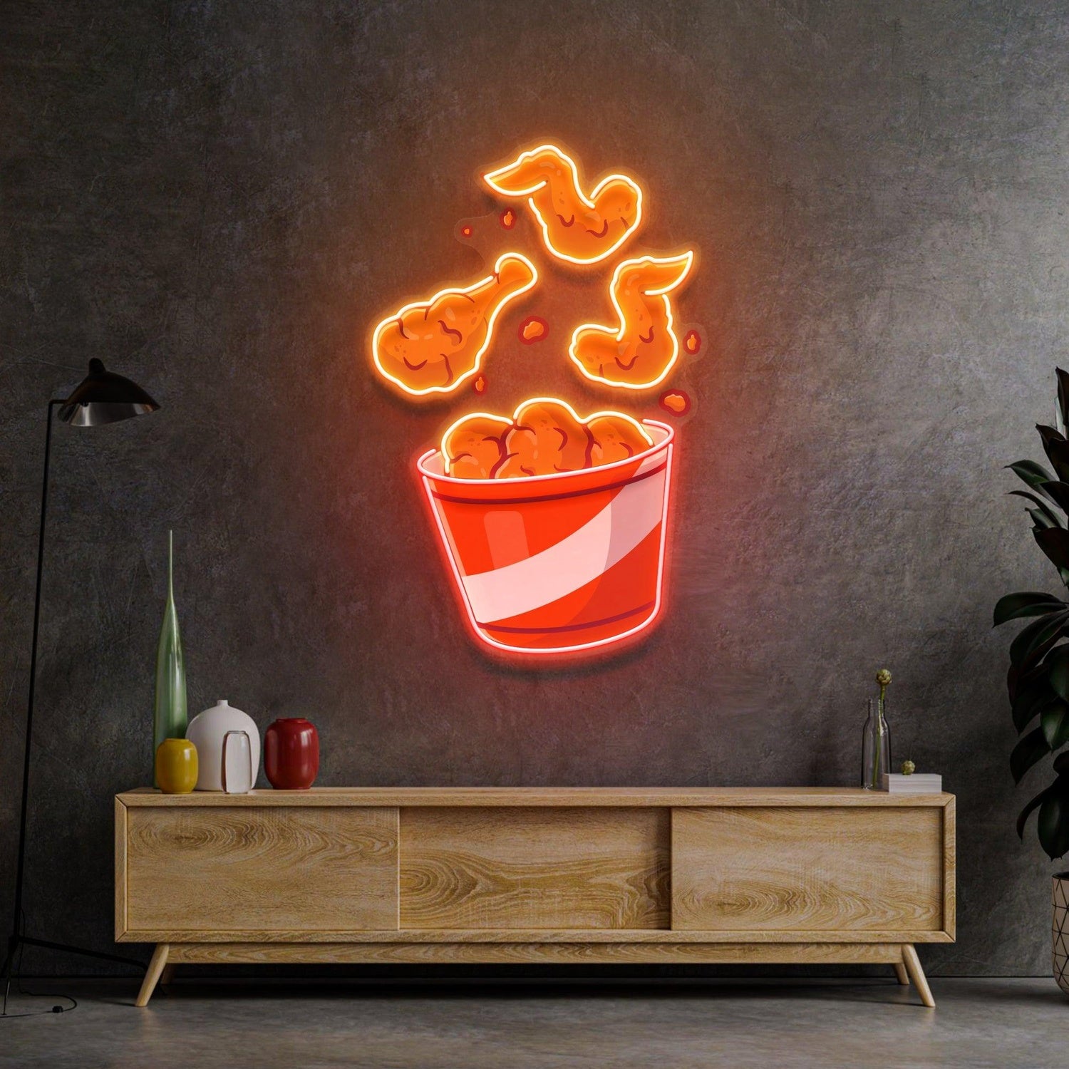 Flying Fried Chicken Red-Yellow Cartoon Uv Printed Led Neon Sign For Restaurant Wall | Shineneon