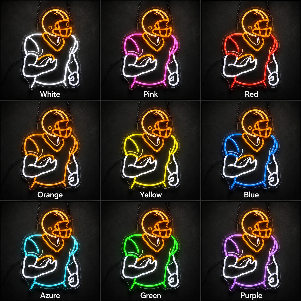 Football Player Holding Ball LED Neon Sign day and night comparison