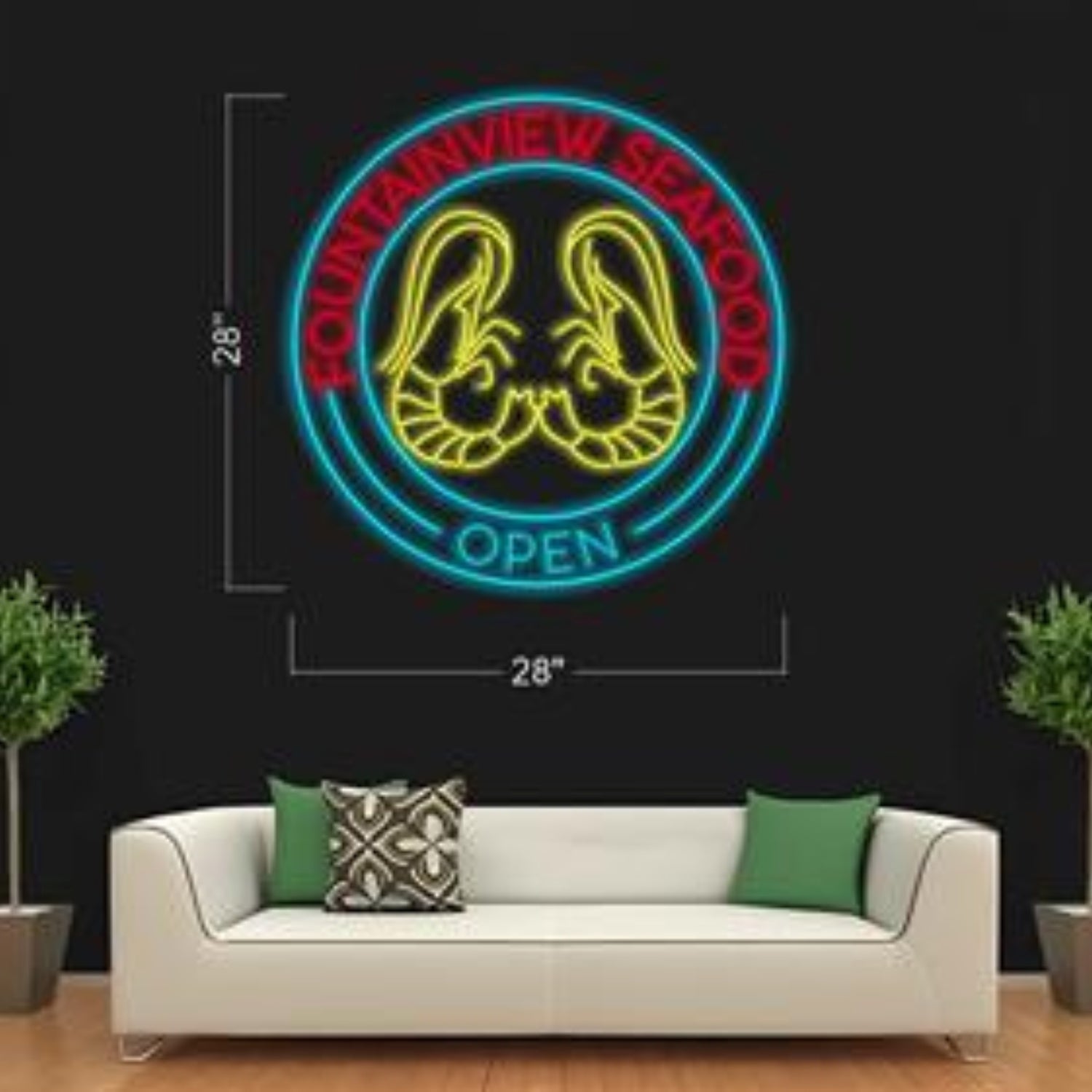 Fountain View Seafood Red Blue Yellow Circular Led Neon Sign For Restaurant Decor | Shineneon