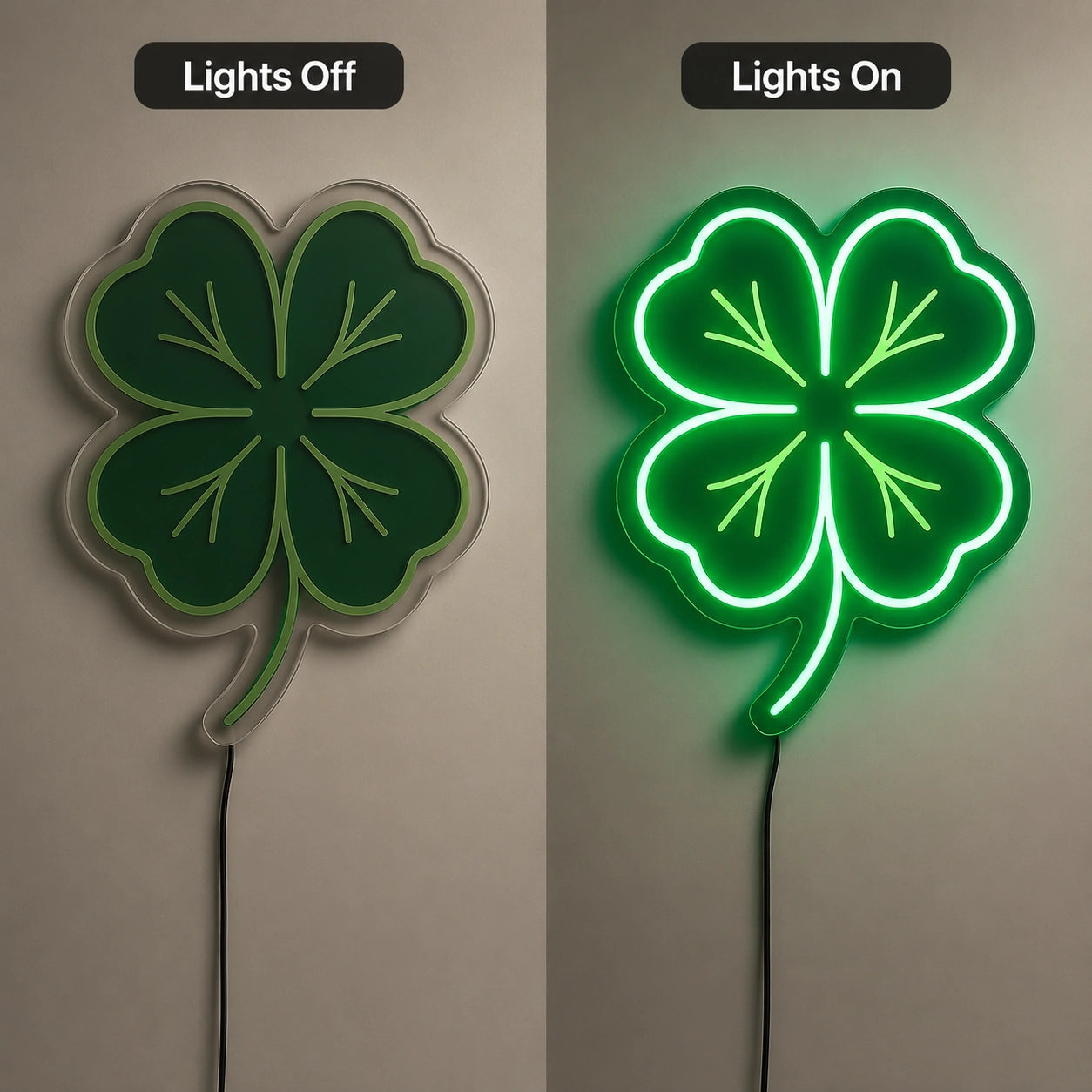 Four Leaf Clover Neon Sign LED Neon Sign day and night comparison