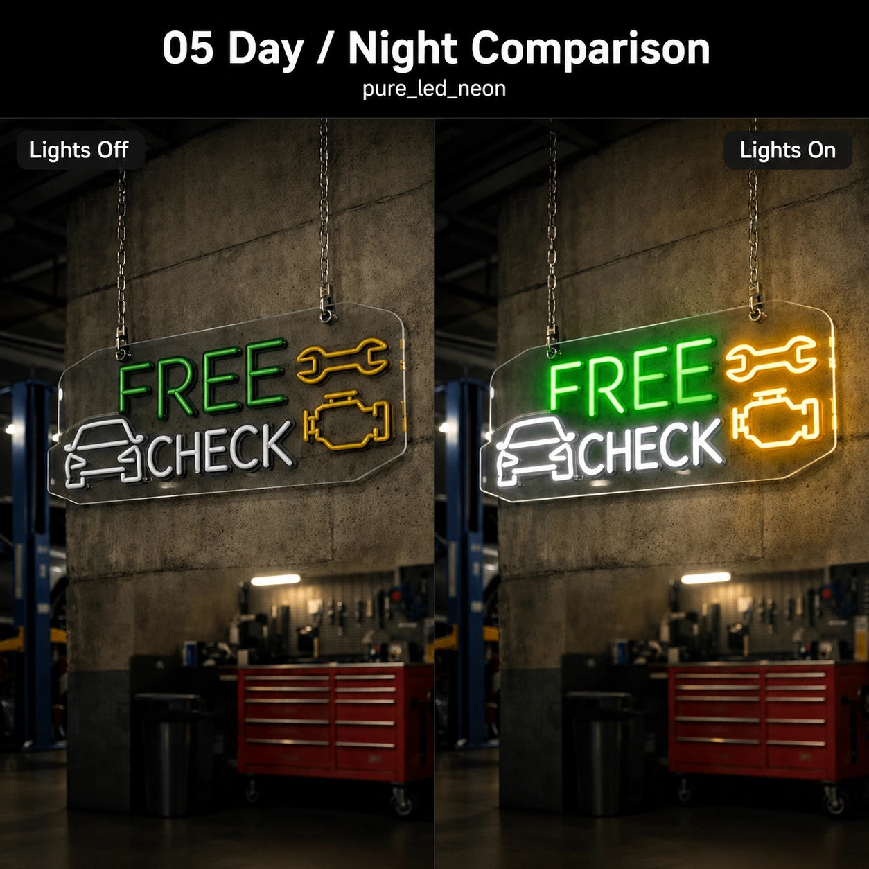 Free Check Neon Sign LED Neon Sign day and night comparison