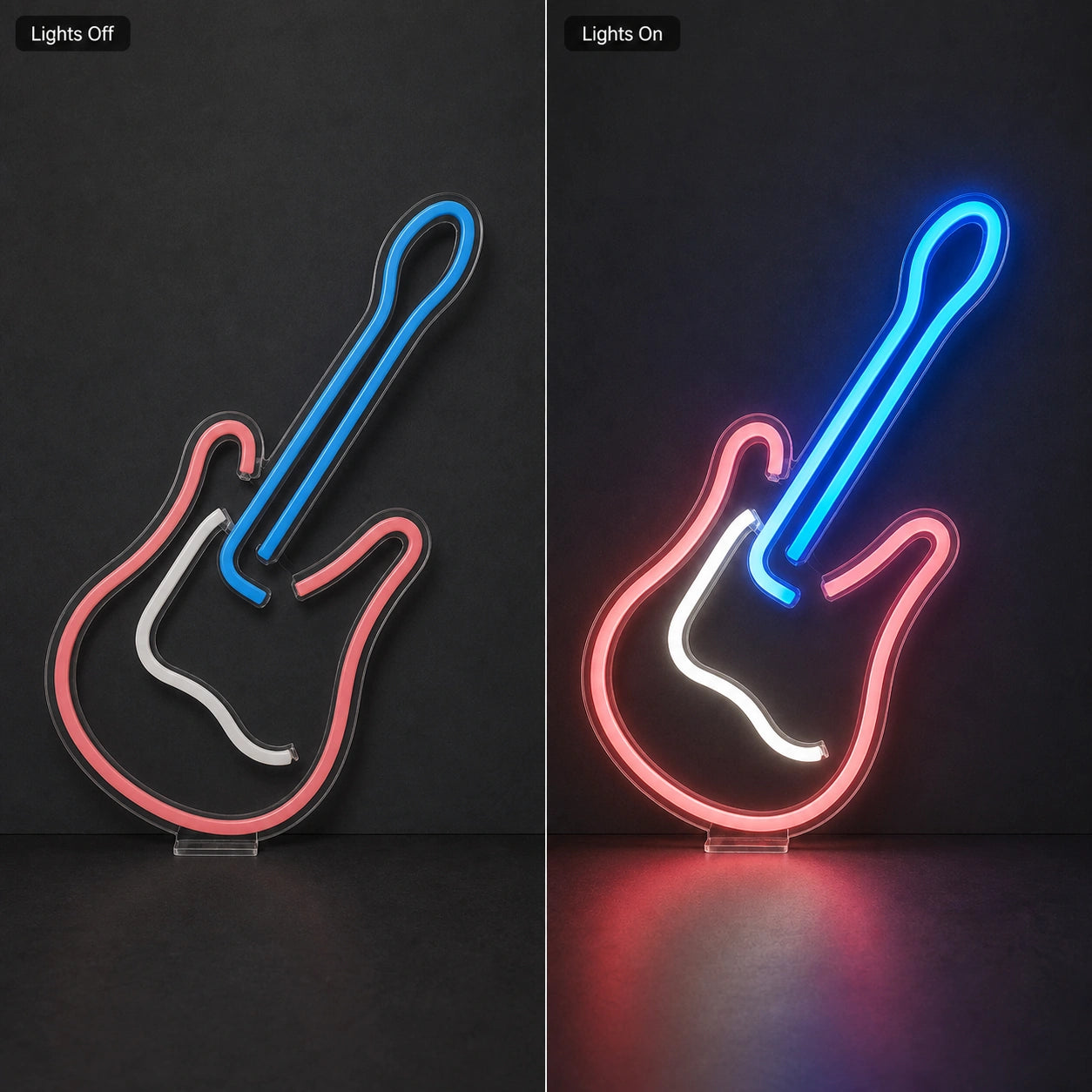 Freestanding Electric Guitar LED Neon Sign day and night comparison