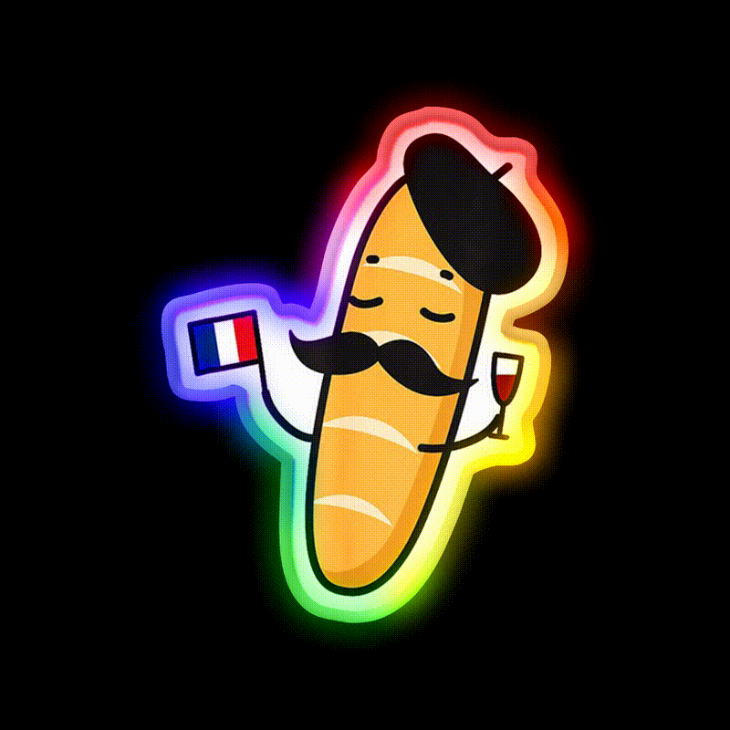 French Baguette Holding A French Flag And Wine Beer Bar Decor Led Neon Sign Rgb Color - LED neon sign close-up detail