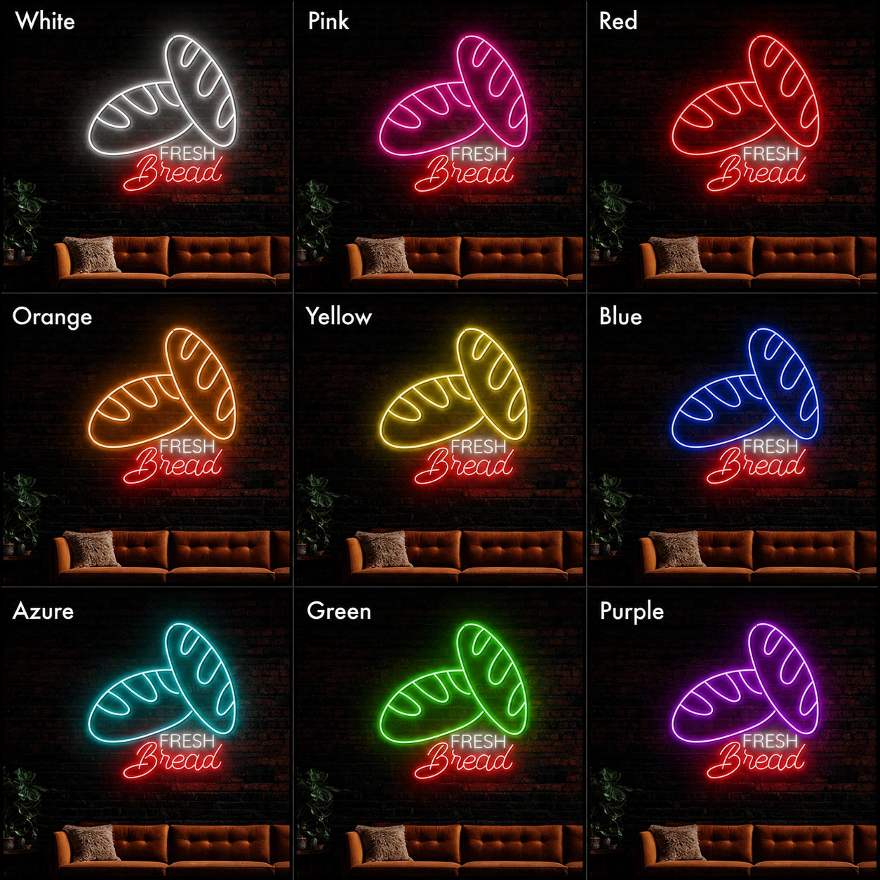Fresh Bread Loaves LED Neon Sign day and night comparison