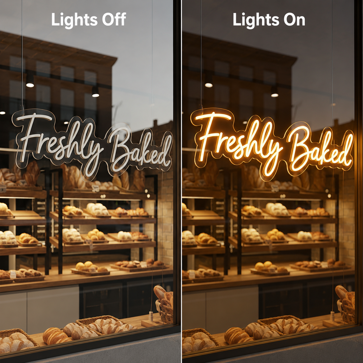 Freshly Baked LED Neon Sign - 06 Day Night Comparison