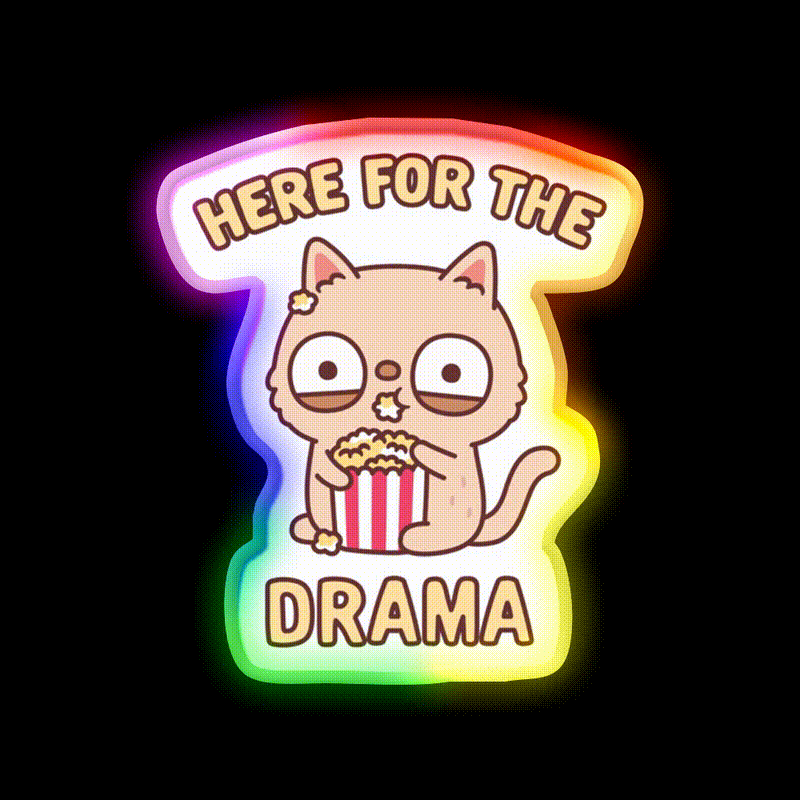 Funny Cat Eating Popcorn Here For The Drama Snack Food Led Neon Sign Rgb Color - LED neon sign close-up detail