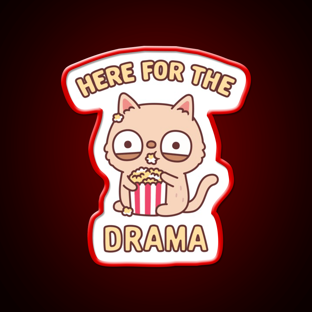 Funny Cat Eating Popcorn Here For The Drama Snack Food Led Neon Sign Rgb Color - Shineneon